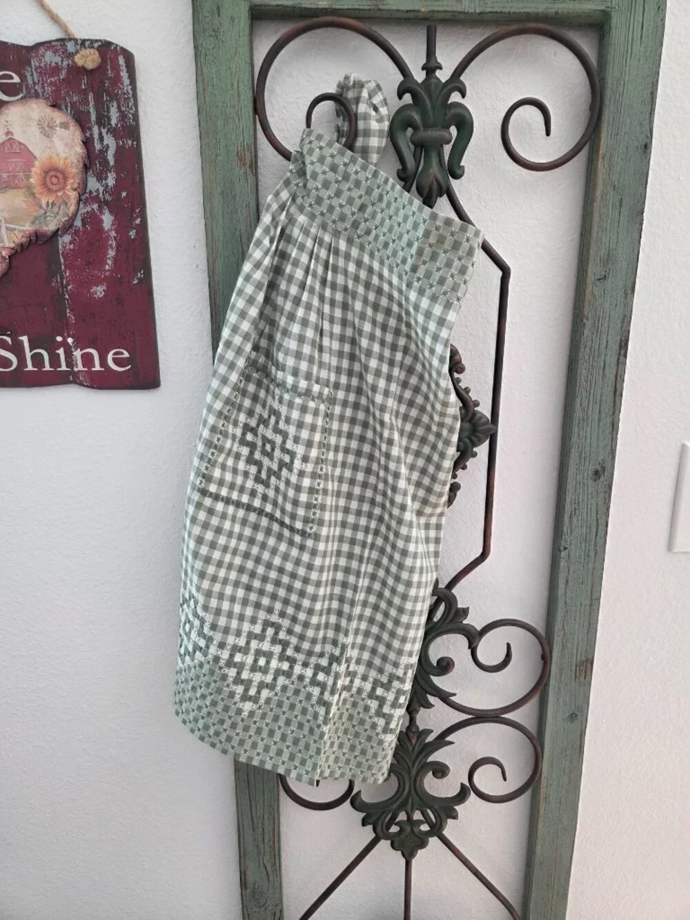 Handmade Vintage Style Embroidered Gingham Half Apron Cottagecore Farmhouse
